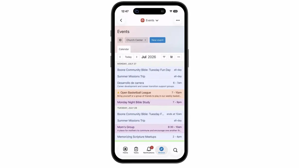 Smartphone displaying a calendar app in July 2026 with events listed for July 27-28, including Bible studies, a missions trip, and a basketball league.