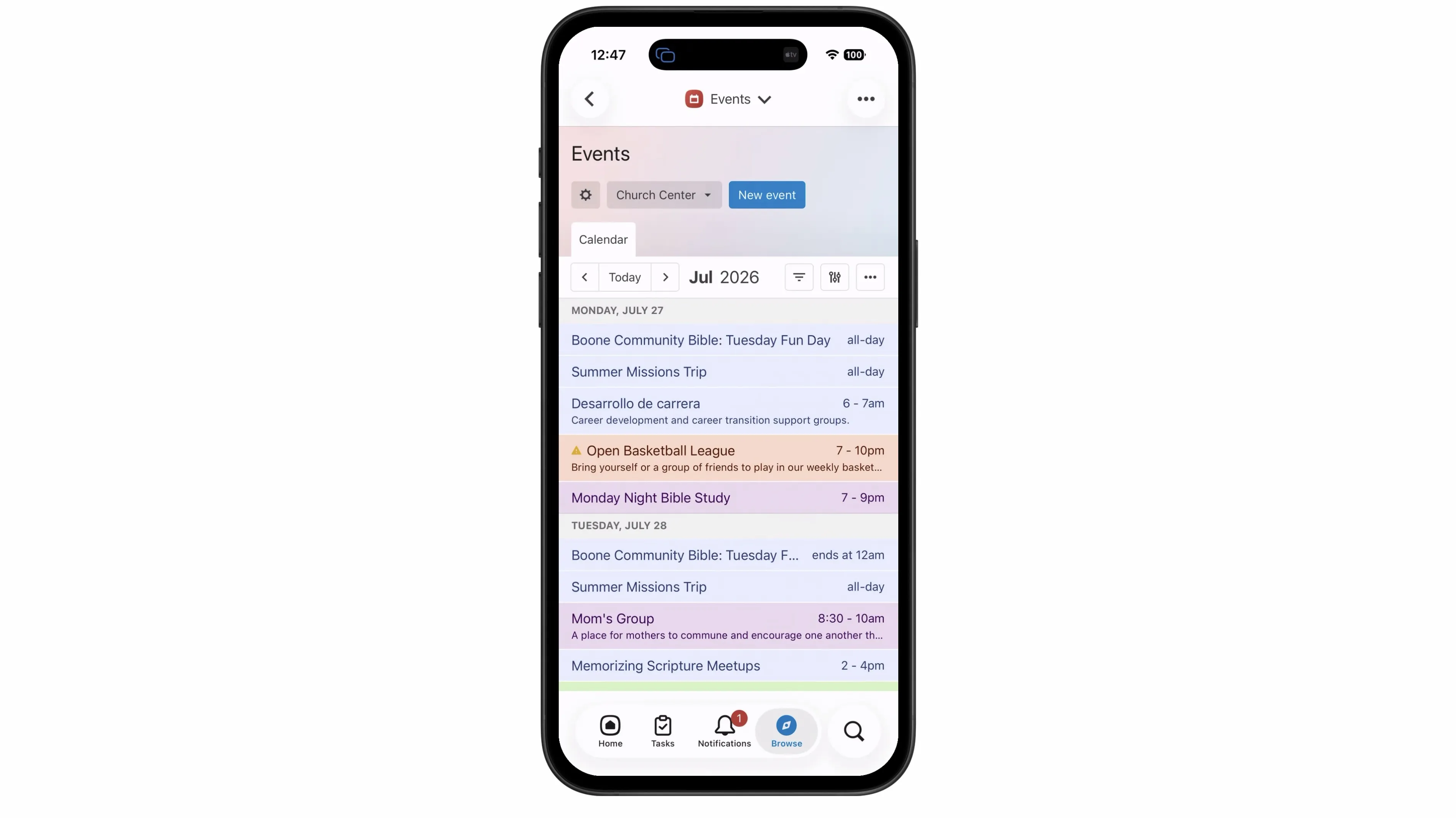 Smartphone displaying a calendar app in July 2026 with events listed for July 27-28, including Bible studies, a missions trip, and a basketball league.