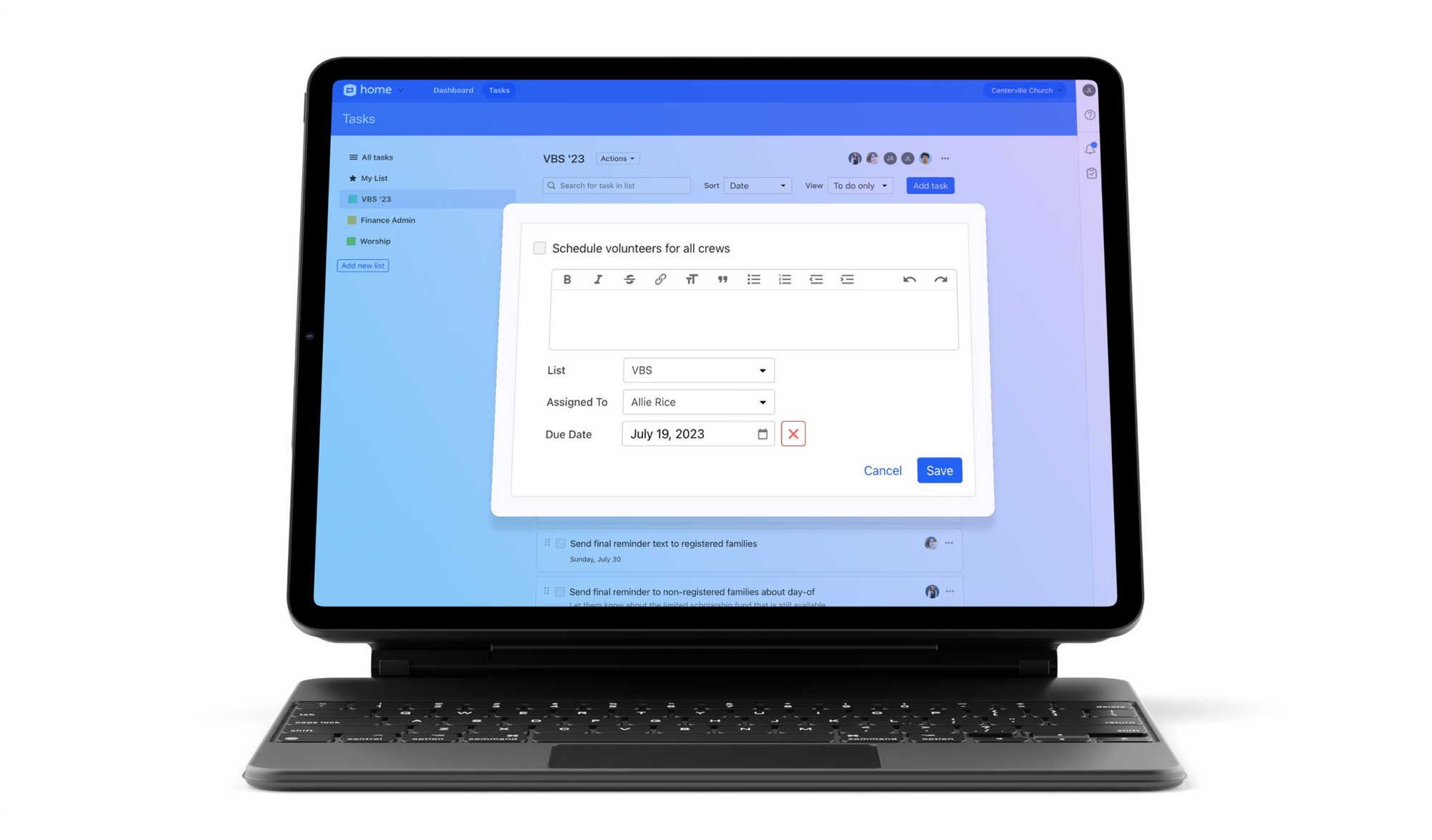 An iPad connected to a keyboard with a pop-up modal of a text box to create a task and button to save.