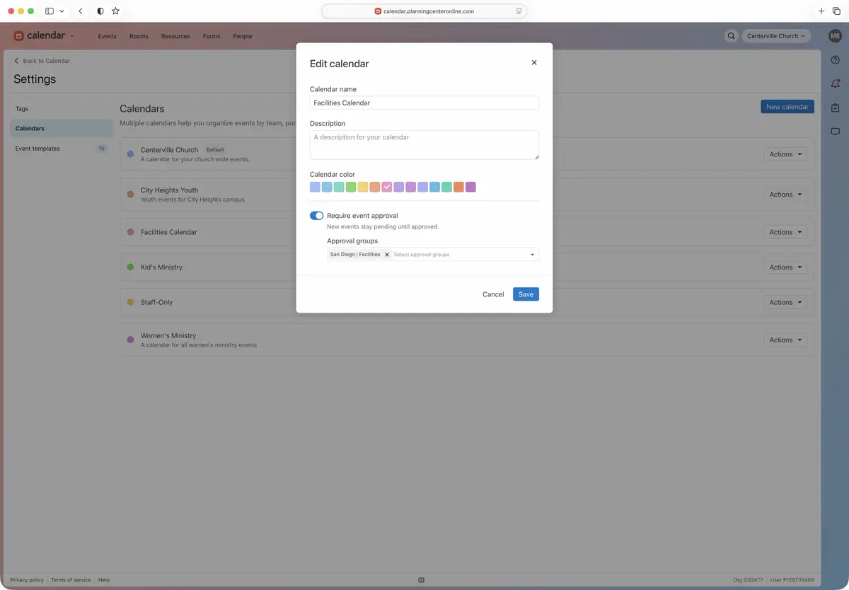A webpage displaying a pop-up for editing a calendar with fields for name, description, color, and approval settings. Save and Cancel buttons are visible.