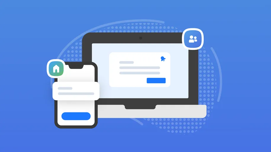 An illustrated laptop open displaying a pop-up window next to an illustrated cell phone and the Church Center icon.