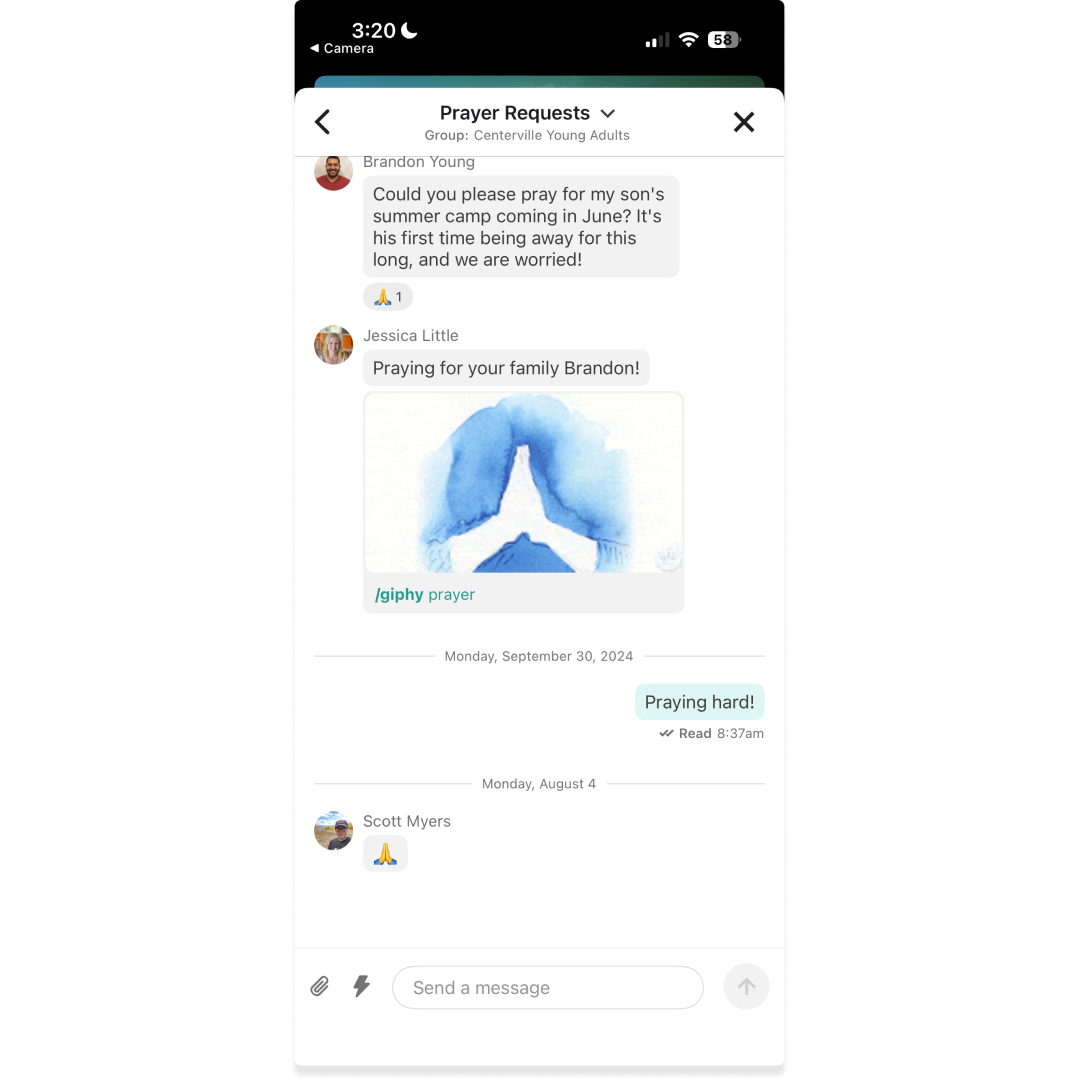 An image of group chat in the Church Center app.