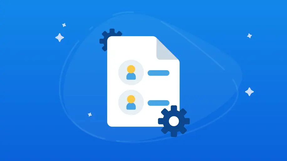 A piece of white paper with two yellow stick figure avatars and blue gear icons.