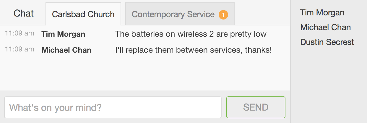A live chat option with time stamps, the name of sender, and brief message. 