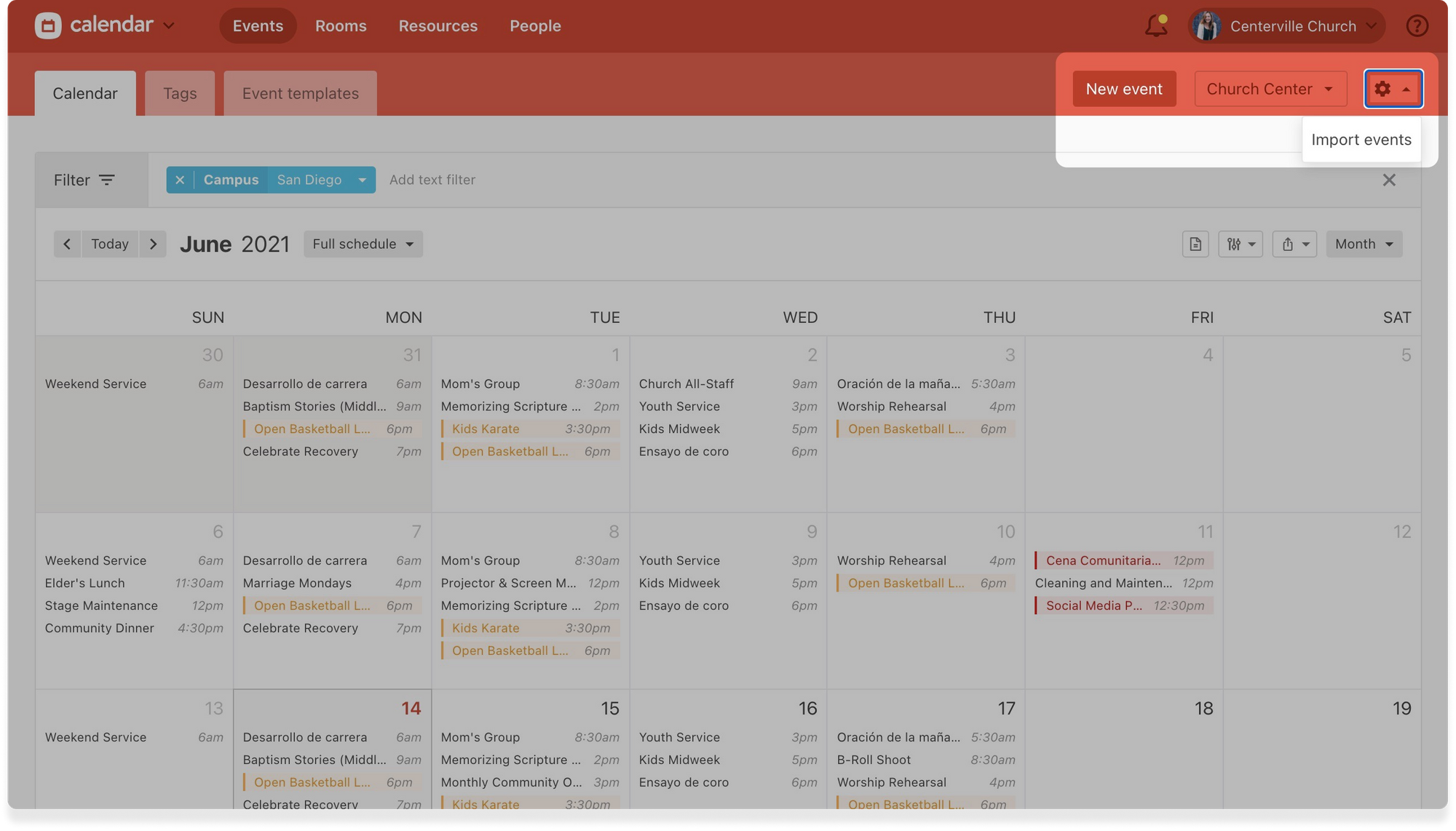 The full calendar view in Planning Center Calendar highlighting a new event button and event import option.