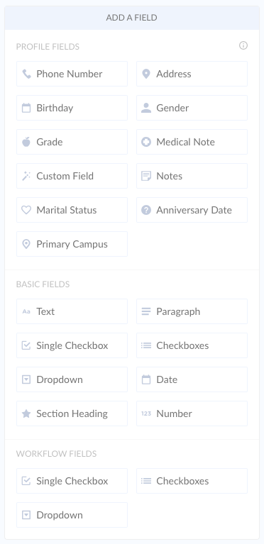 Field options and categories for forms.
