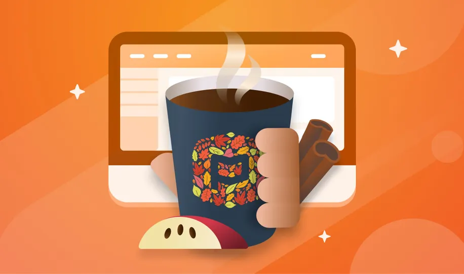 A blue coffee mug with the Planning Center logo dressed in fall leaves next to cinnamon sticks and an apple slice.