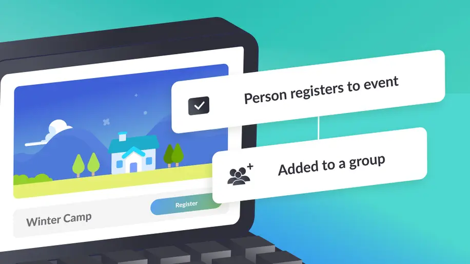 A laptop illustrations with a winter camp registration and an automation that adds someone to a group when they sign up.