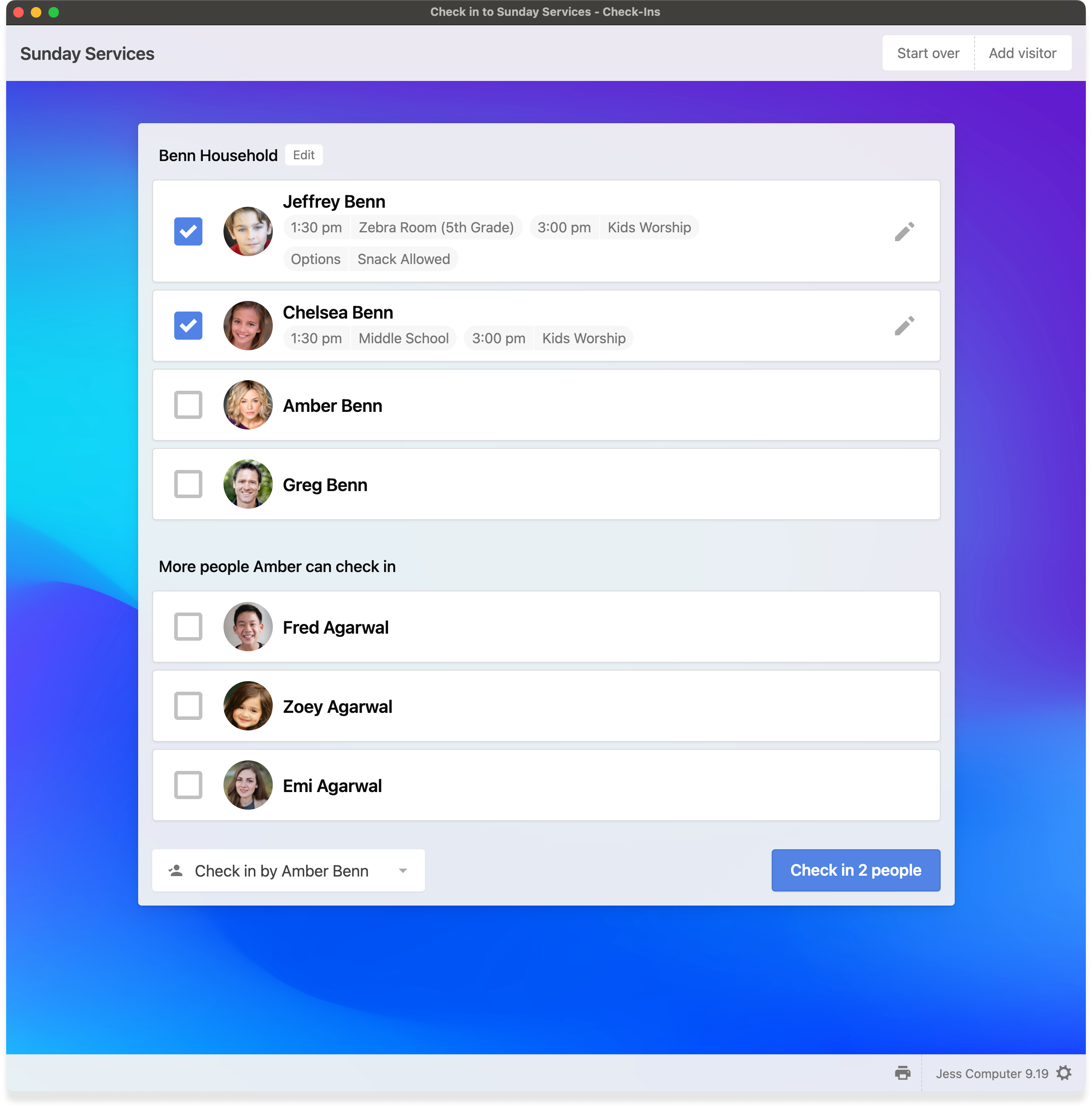 A stations screen with four members of a household listed and three other people who can be checked in.