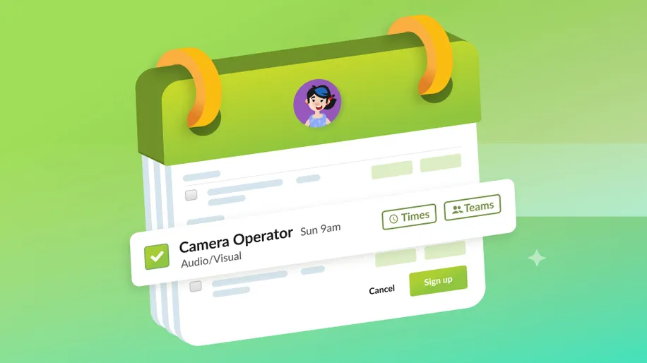 A ringed calendar displaying a signup sheet and a volunteer opportunity with the title and time stamp.