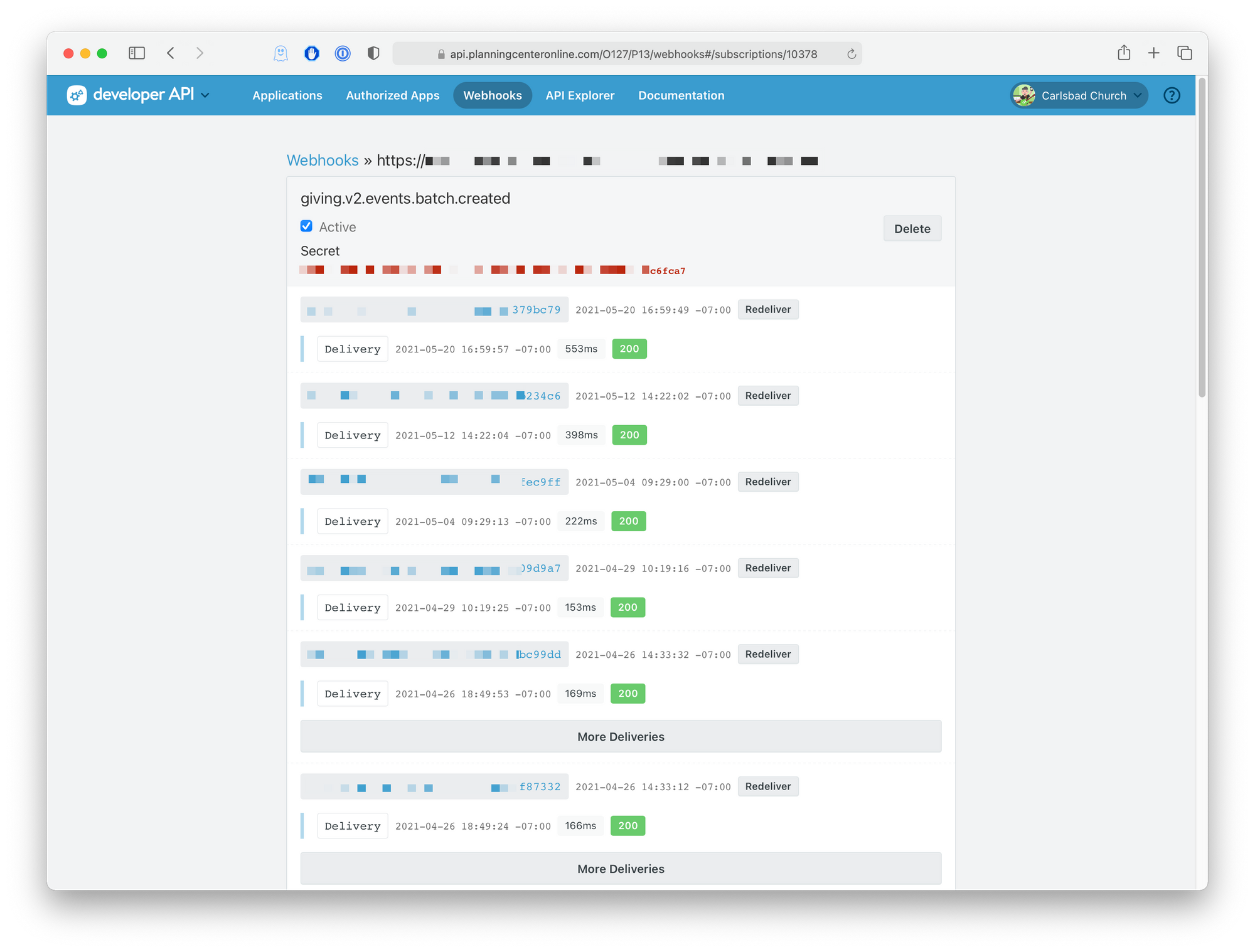 The developer API dashboard displaying a list of webhooks and a button to add more.