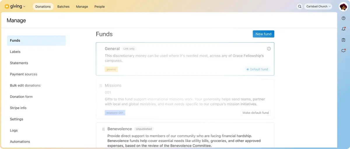 Church management dashboard displaying fund options including General, Missions, and Benevolence, with an option to create a new fund.