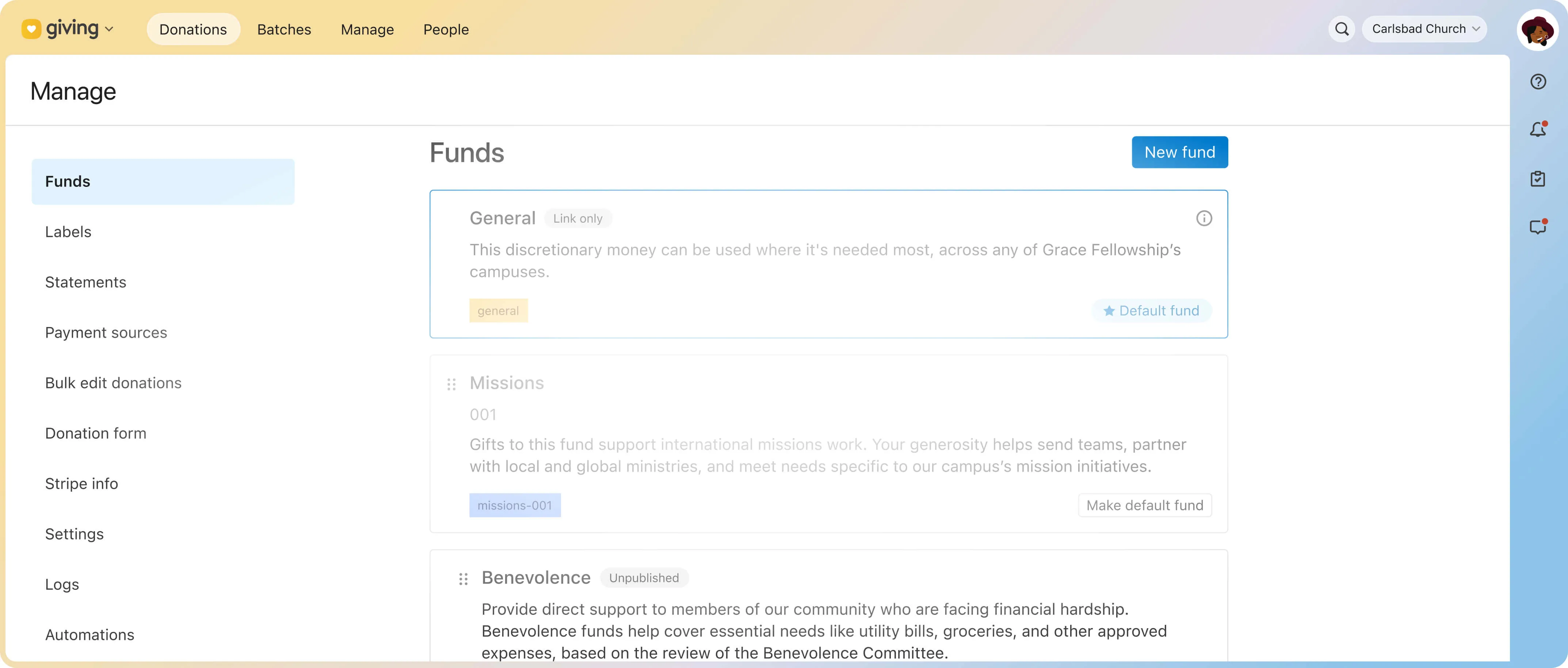 Church management dashboard displaying fund options including General, Missions, and Benevolence, with an option to create a new fund.