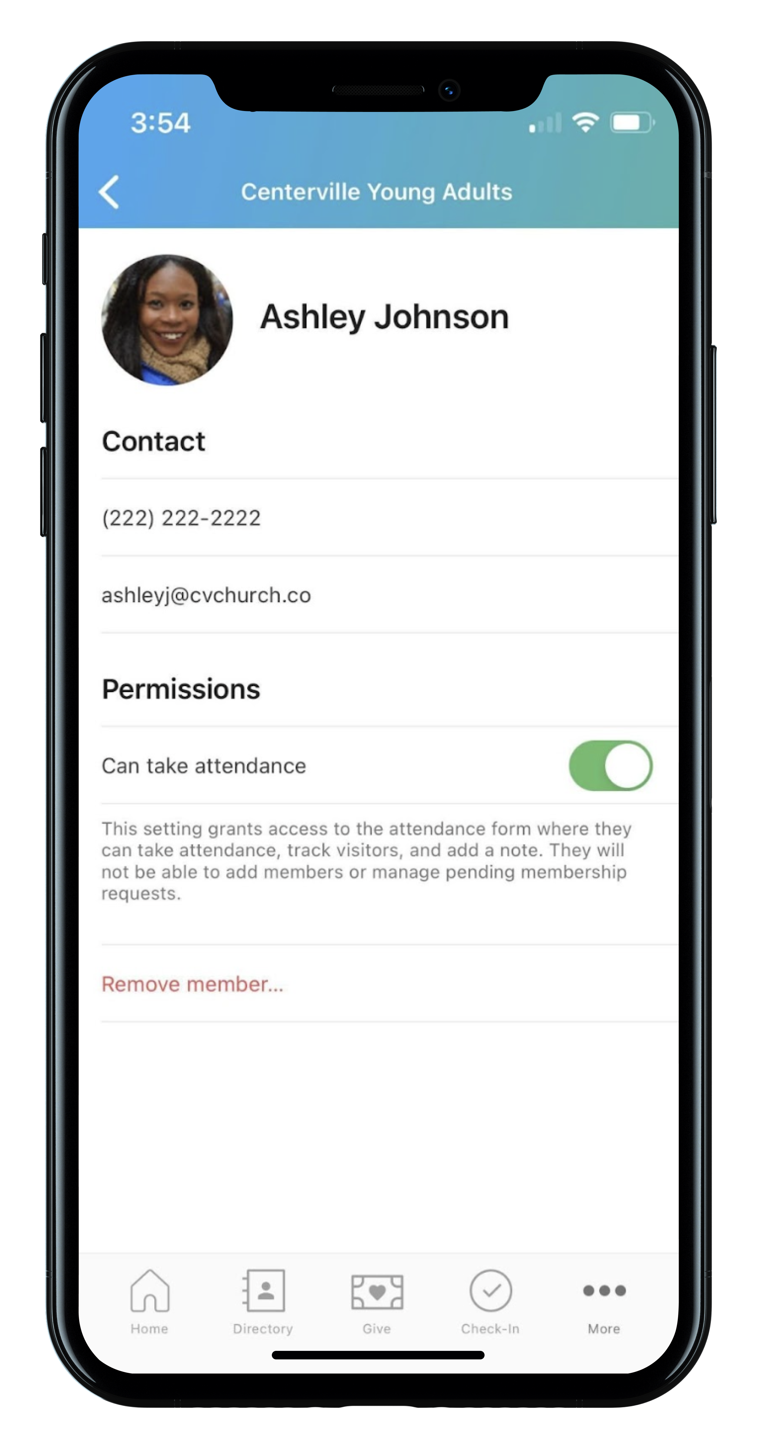 A person's group profile on Church Center mobile with a toggle switched on enabling them to take attendance.