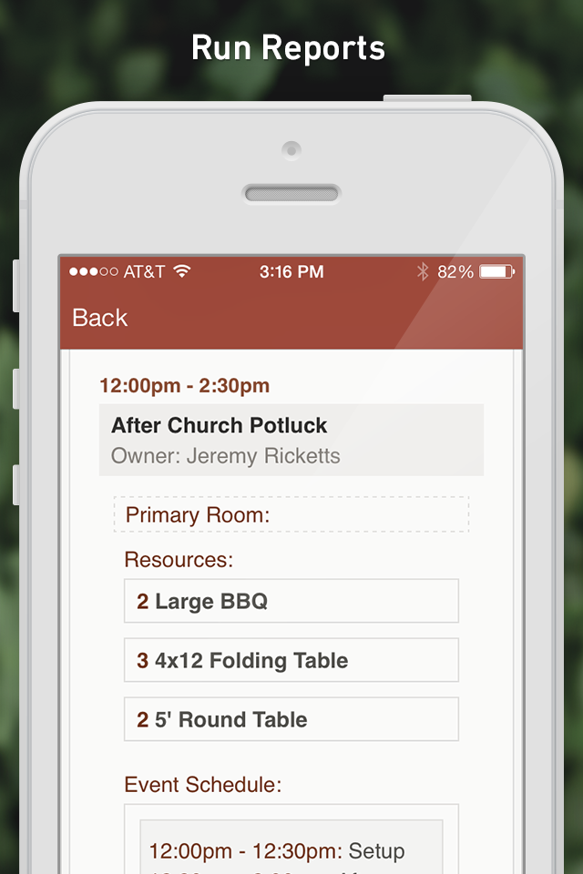 An iPhone with an event displayed on the screen broken down by rooms and resources needed.