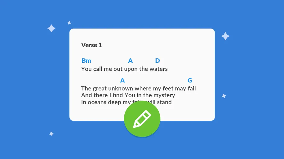 An image of the first verse of a song with different chords and an illustration of an edit button. 