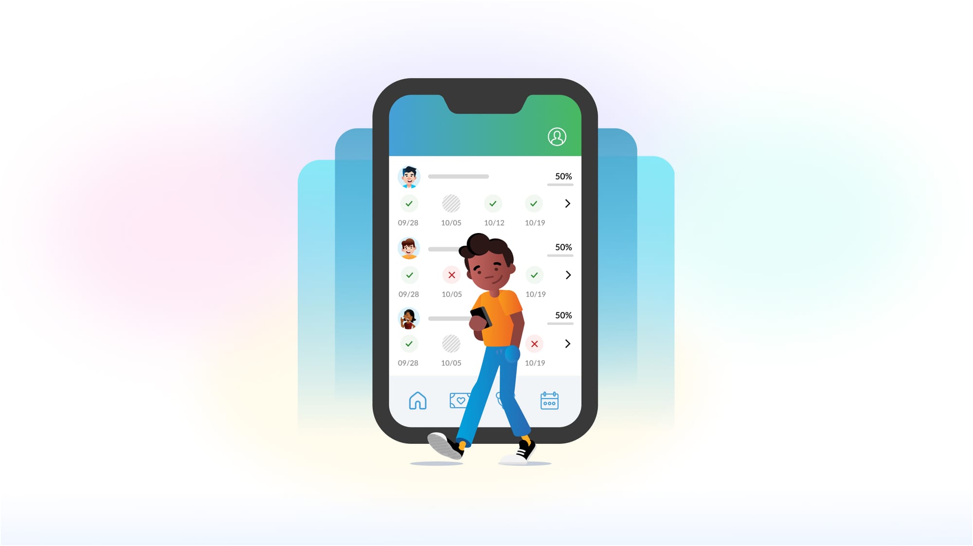 null A boy walking while holding a phone in front of a larger phone with an attendance report on the screen.