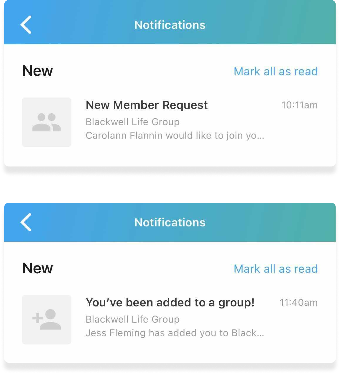 A display of a new group member request notification and response.