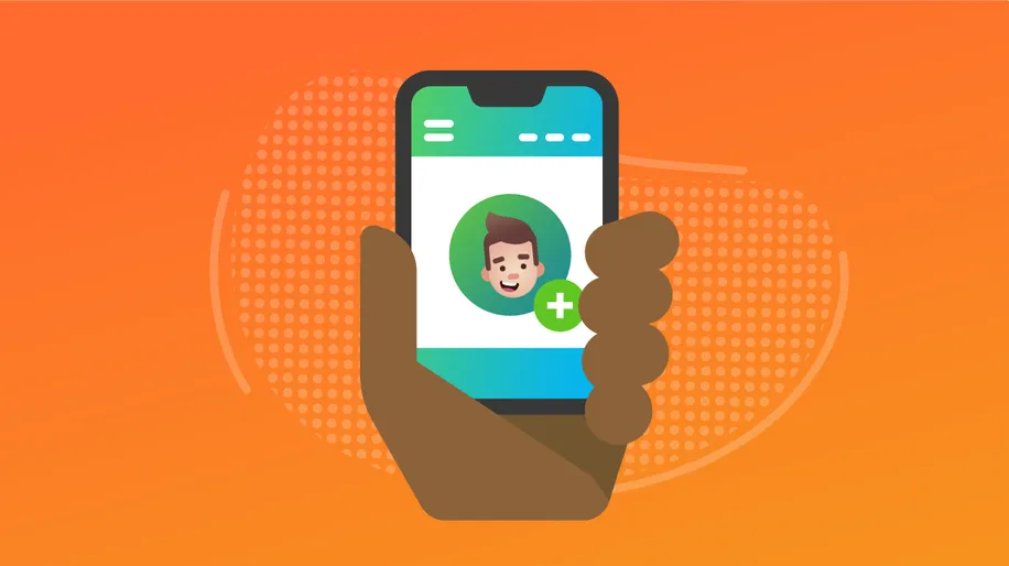 An illustrated hand holding a cell phone with a boy's face on the screen and a plus symbol.