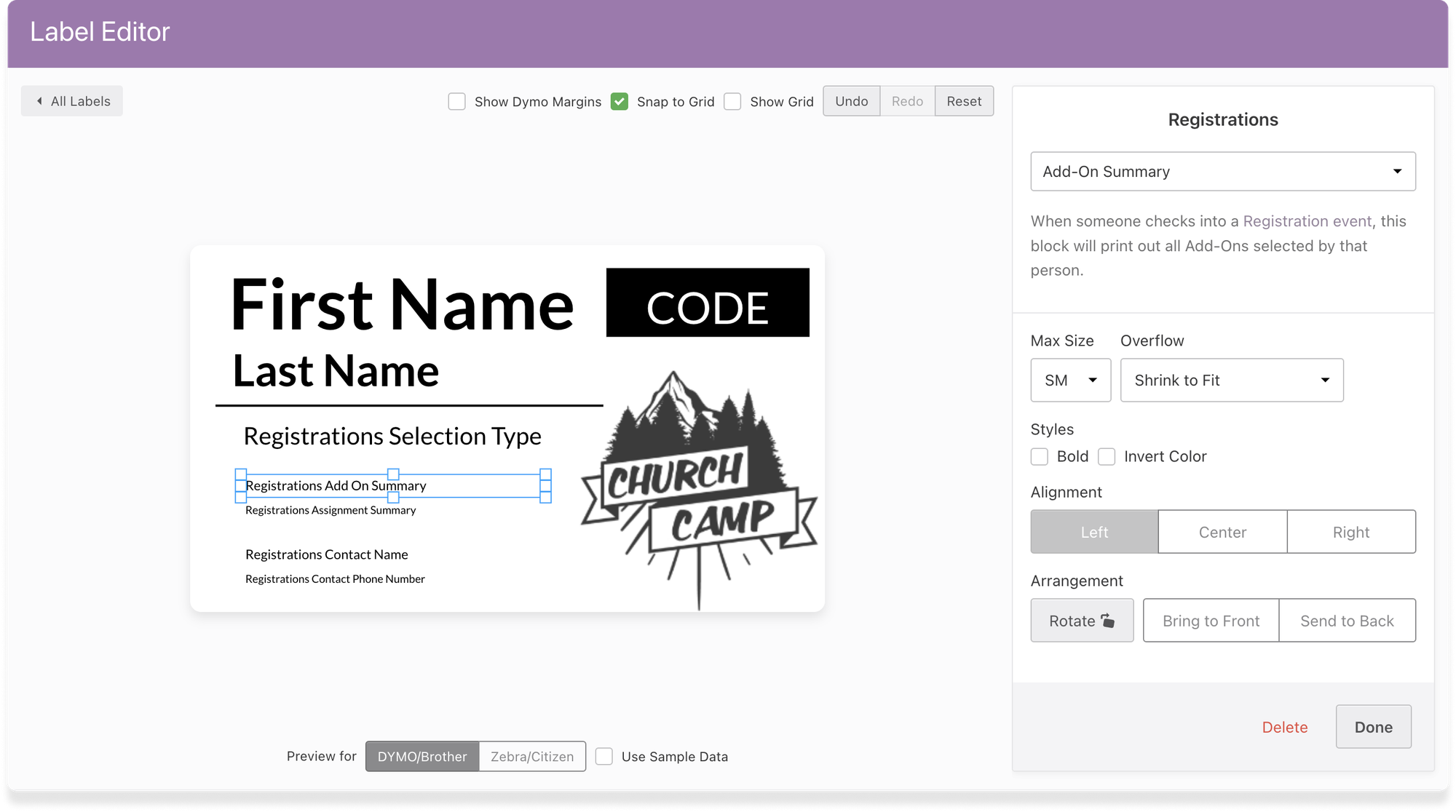 The label editor in Planning Center Check-Ins with a custom label and options to change the size or text.