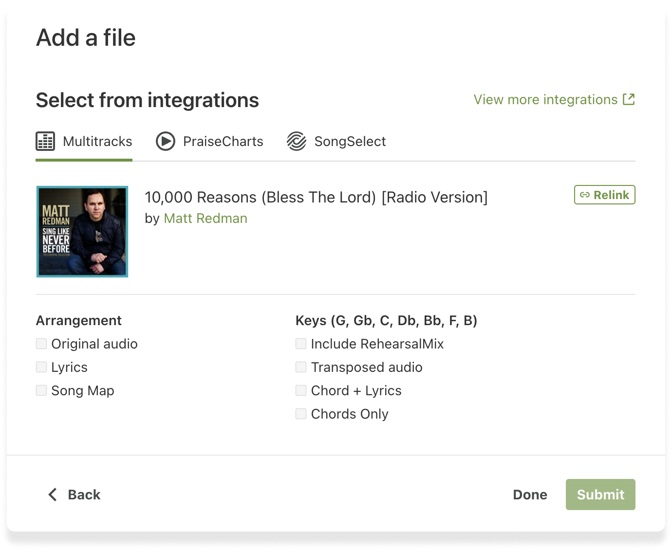 The Add File popup in Planning Center Services for integrations.