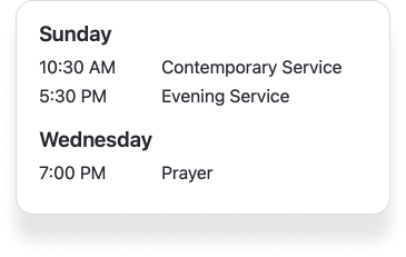 A list of different service types on different days and at different times.