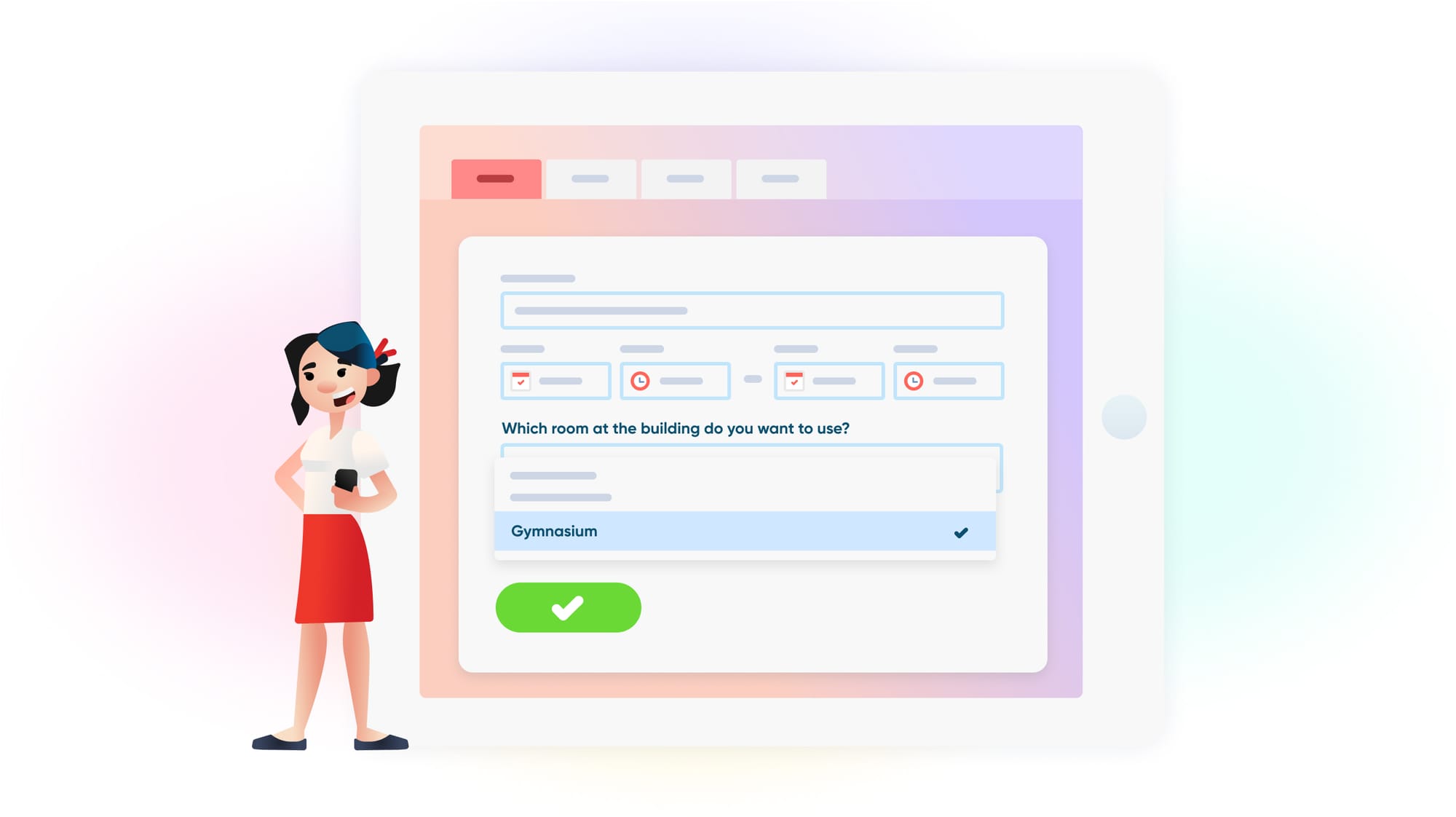 null A woman in a white shite and red skirt standing next to an event request form with a drop-down to select a room.