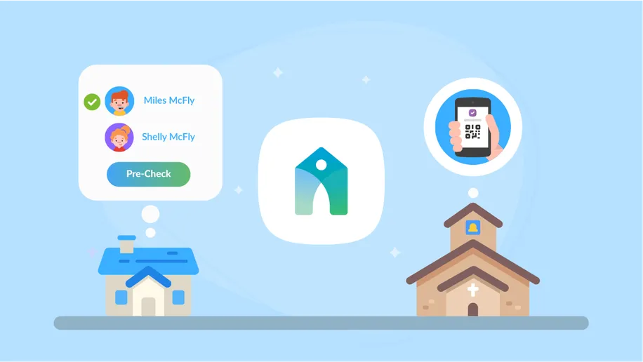 An illustrated home with a conversation bubble above showing the pre-checkin of two kids.