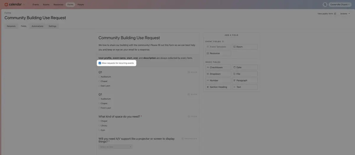 Form titled "Community Building Use Request" with fields for name, event date, space, and special equipment. Options and submit button visible.