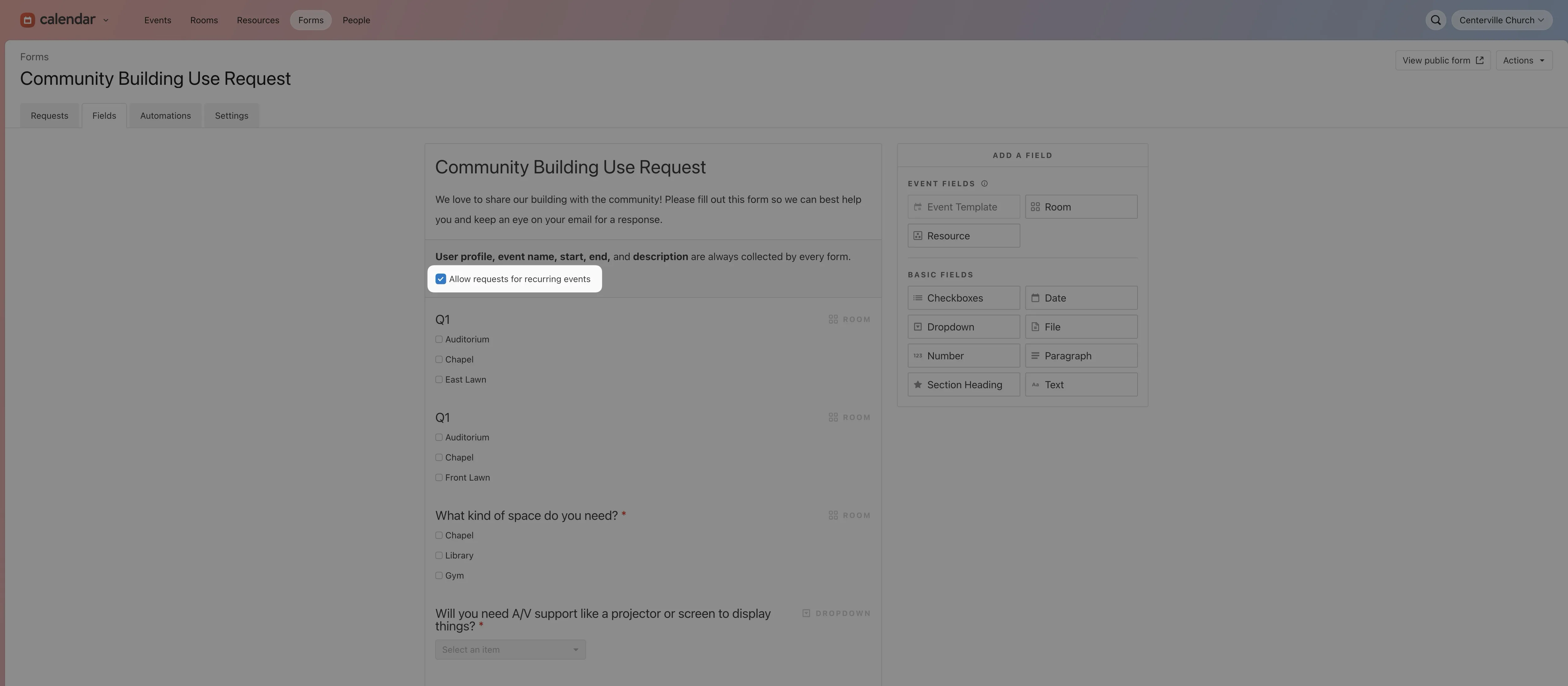 Form titled "Community Building Use Request" with fields for name, event date, space, and special equipment. Options and submit button visible.
