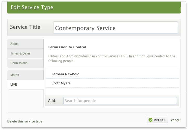 The editing option for a service type including the title and the option to give someone a new permission level.