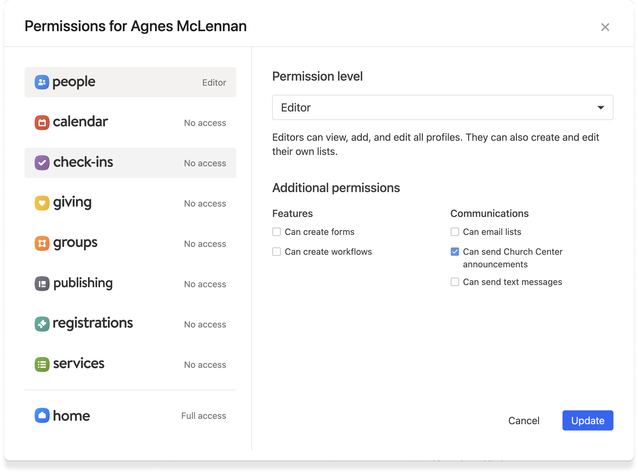 The permissions editor modal in Planning Center People.