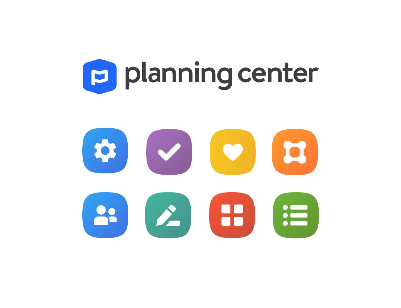 Eight different icons each on a white paper against a clip board under Planning Center text.
