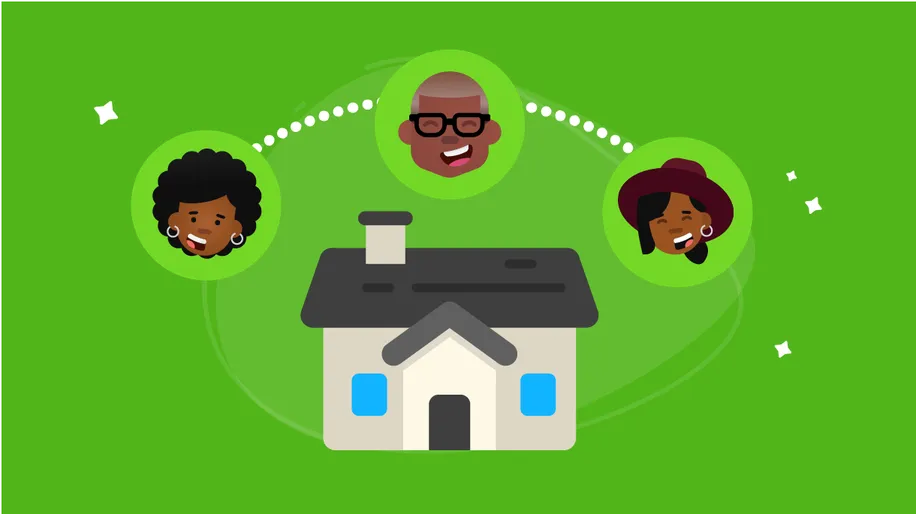 A gray house with a black roof and the faces of three smiling people floating above it.