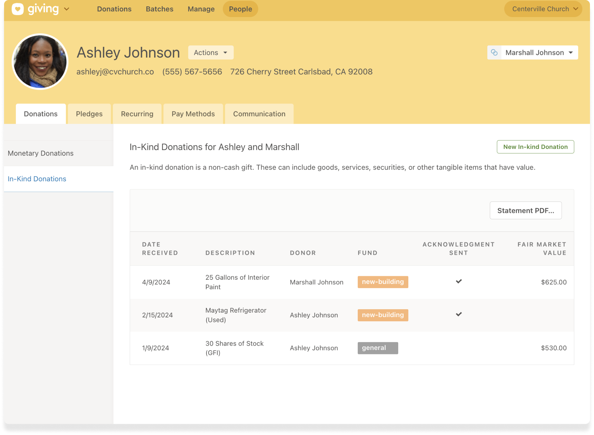 The in-kind donations tab in Planning Center Giving with a list of three different donations.