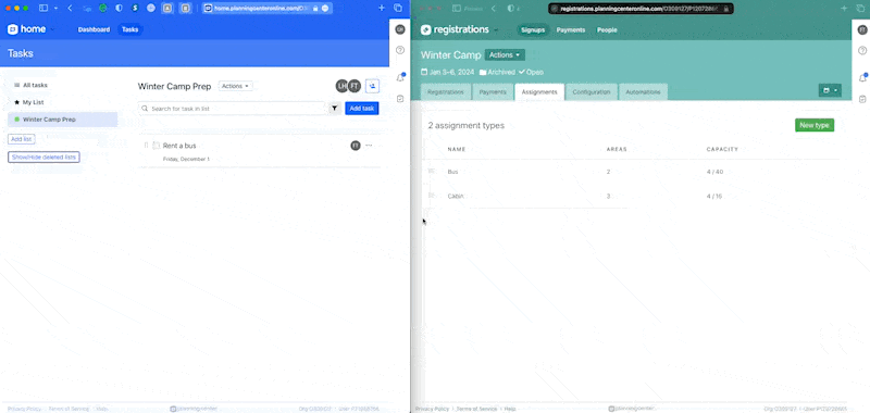 An animation of a task being updated in the toolbar being visible in Planning Center Home.