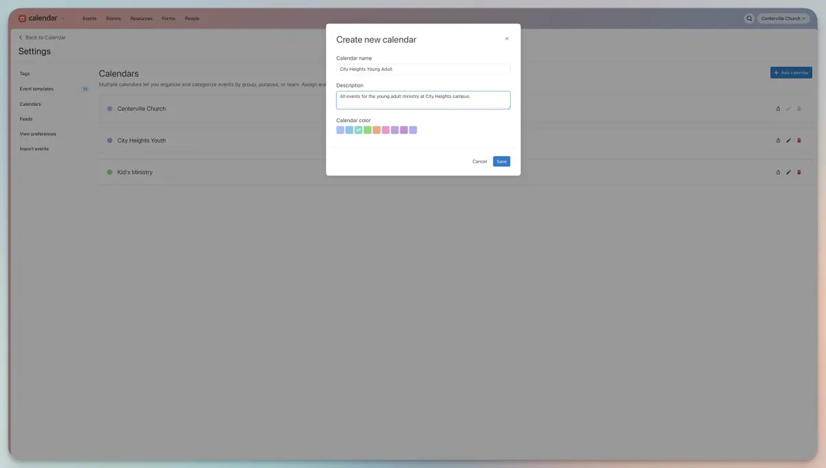 Calendar settings screen with "Create new calendar" dialog for "City Heights Young Adult," showing description field and color choices.