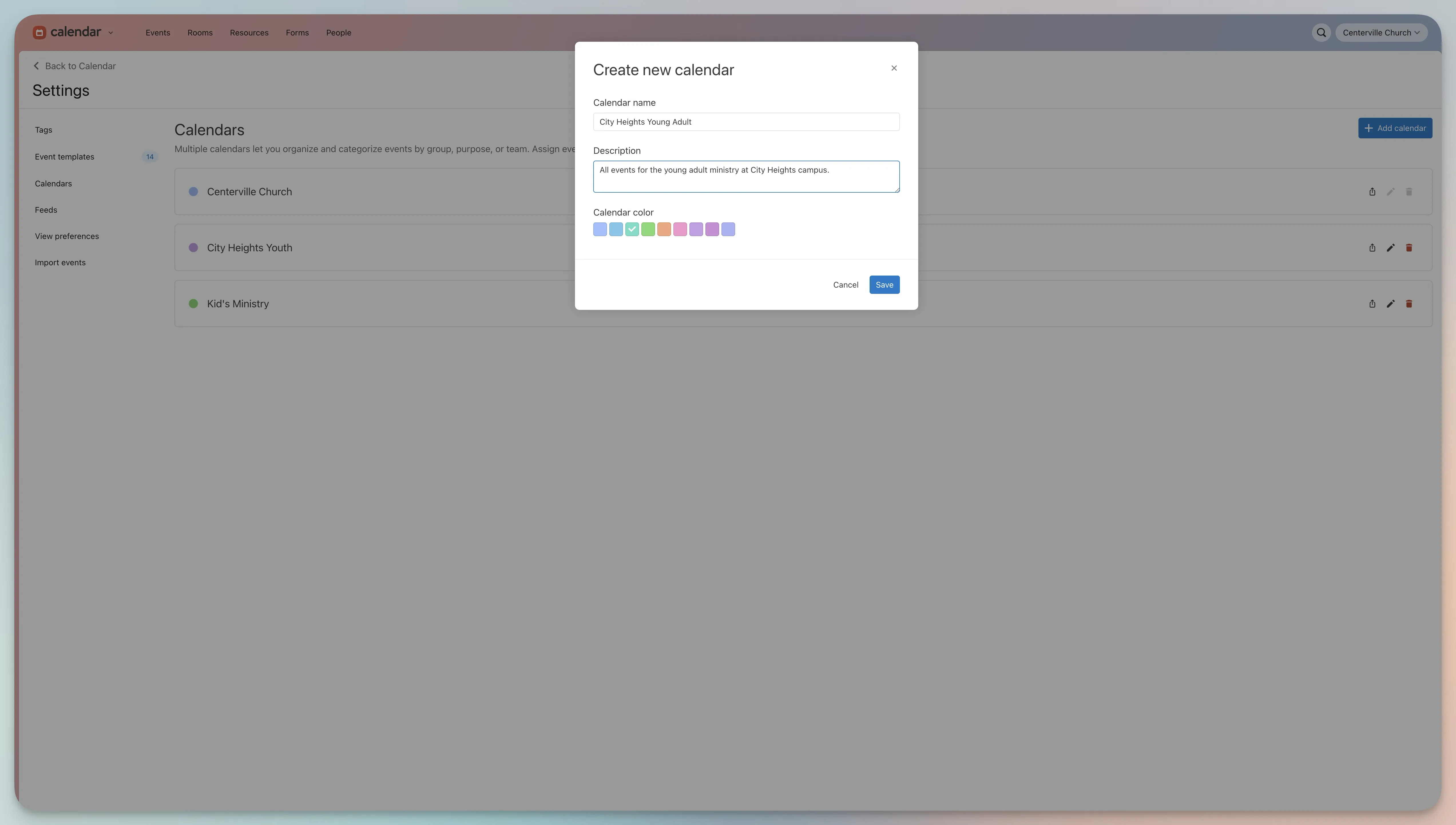 Calendar settings screen with "Create new calendar" dialog for "City Heights Young Adult," showing description field and color choices.