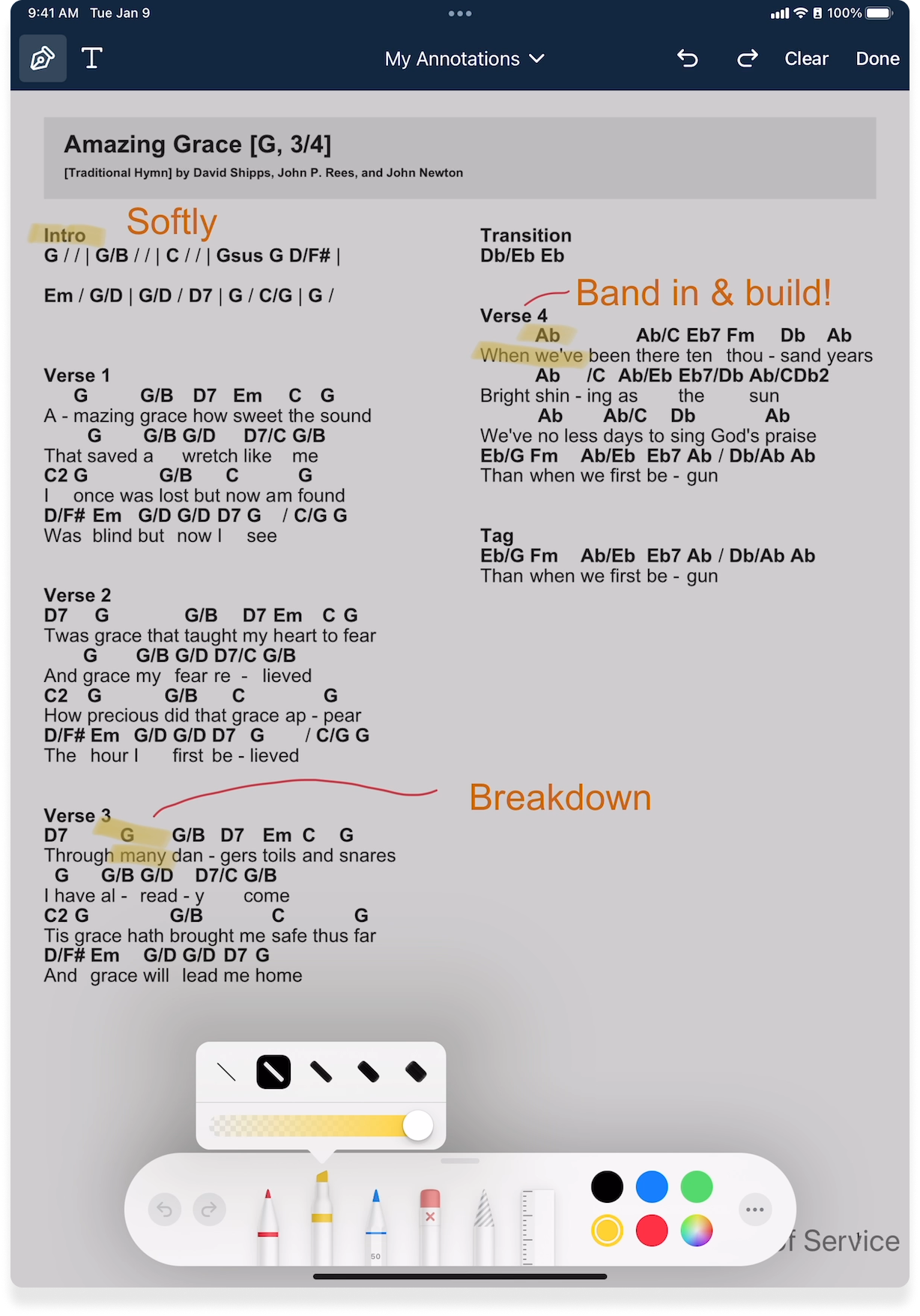 An annotated song with the different width and style options for the editing pencil. 