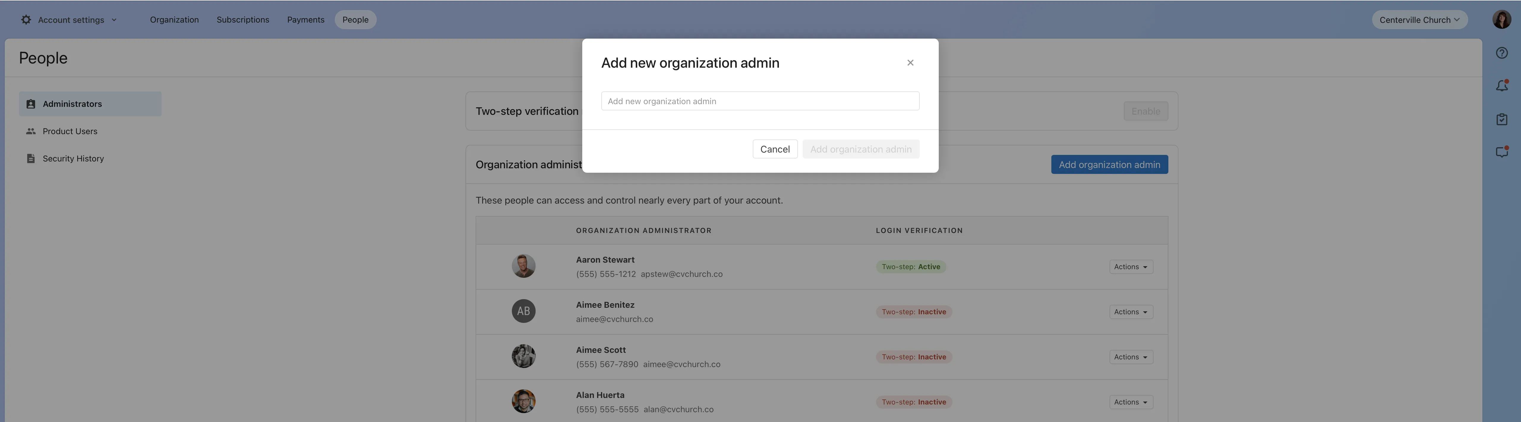 "Org People settings page showing an 'Add new organization admin' modal over a list of administrators with two-step verification statuses."