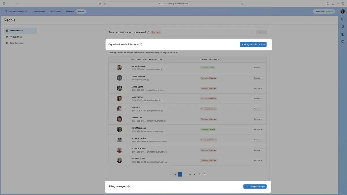 Web dashboard showing "People > Administrators" list of organization admins with avatars, contact emails and two-step verification status.