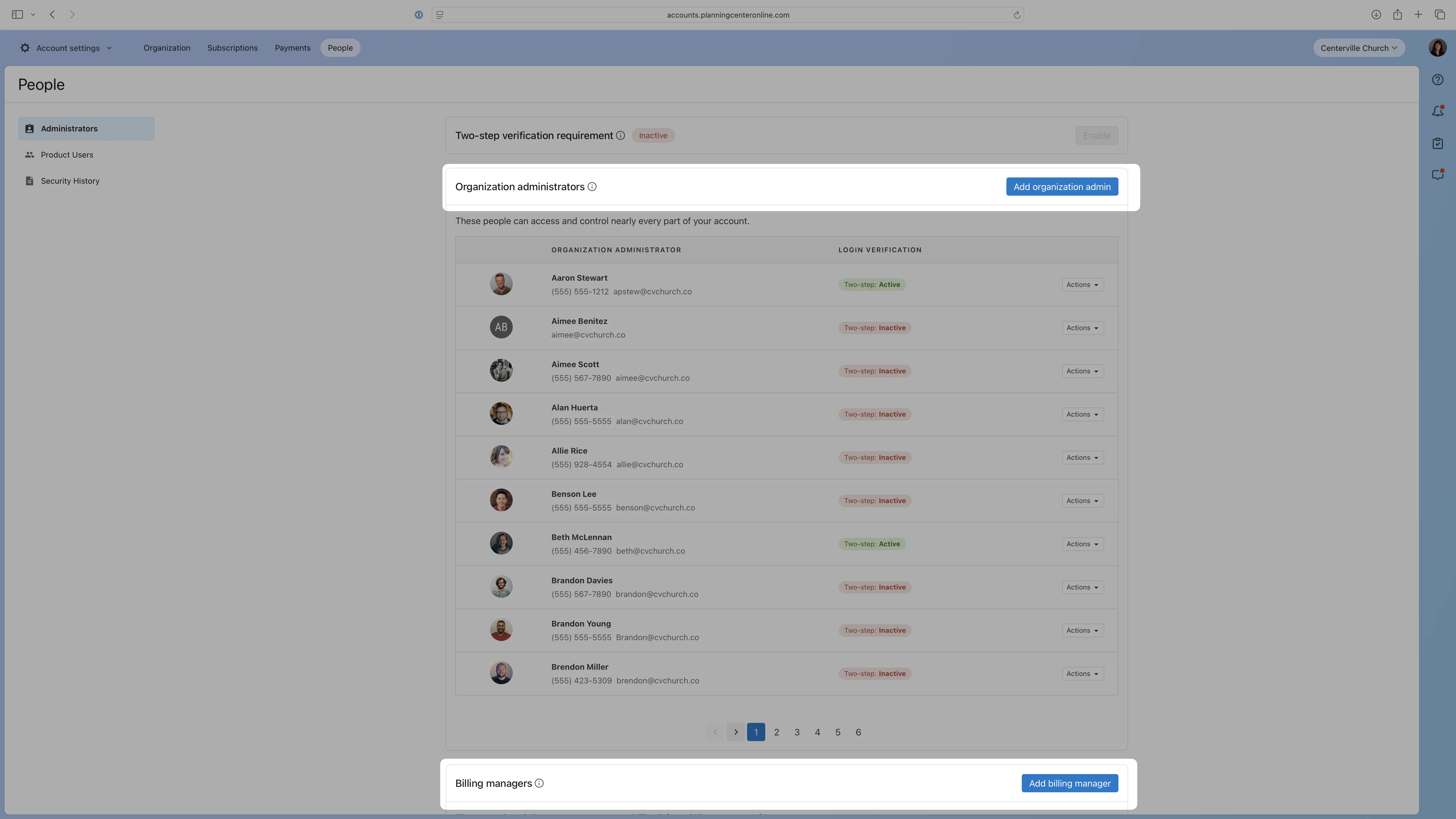 Web dashboard showing "People > Administrators" list of organization admins with avatars, contact emails and two-step verification status.