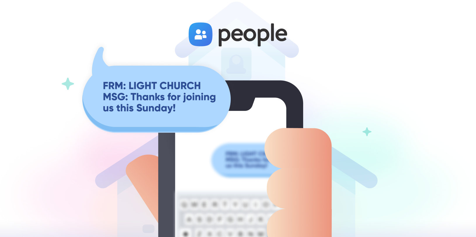 null A hand holding a mobile phone with a text thread on the screen and a texting bubble enlarged.