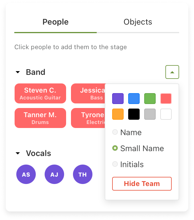 Color-coding options for band members in the stage layout.
