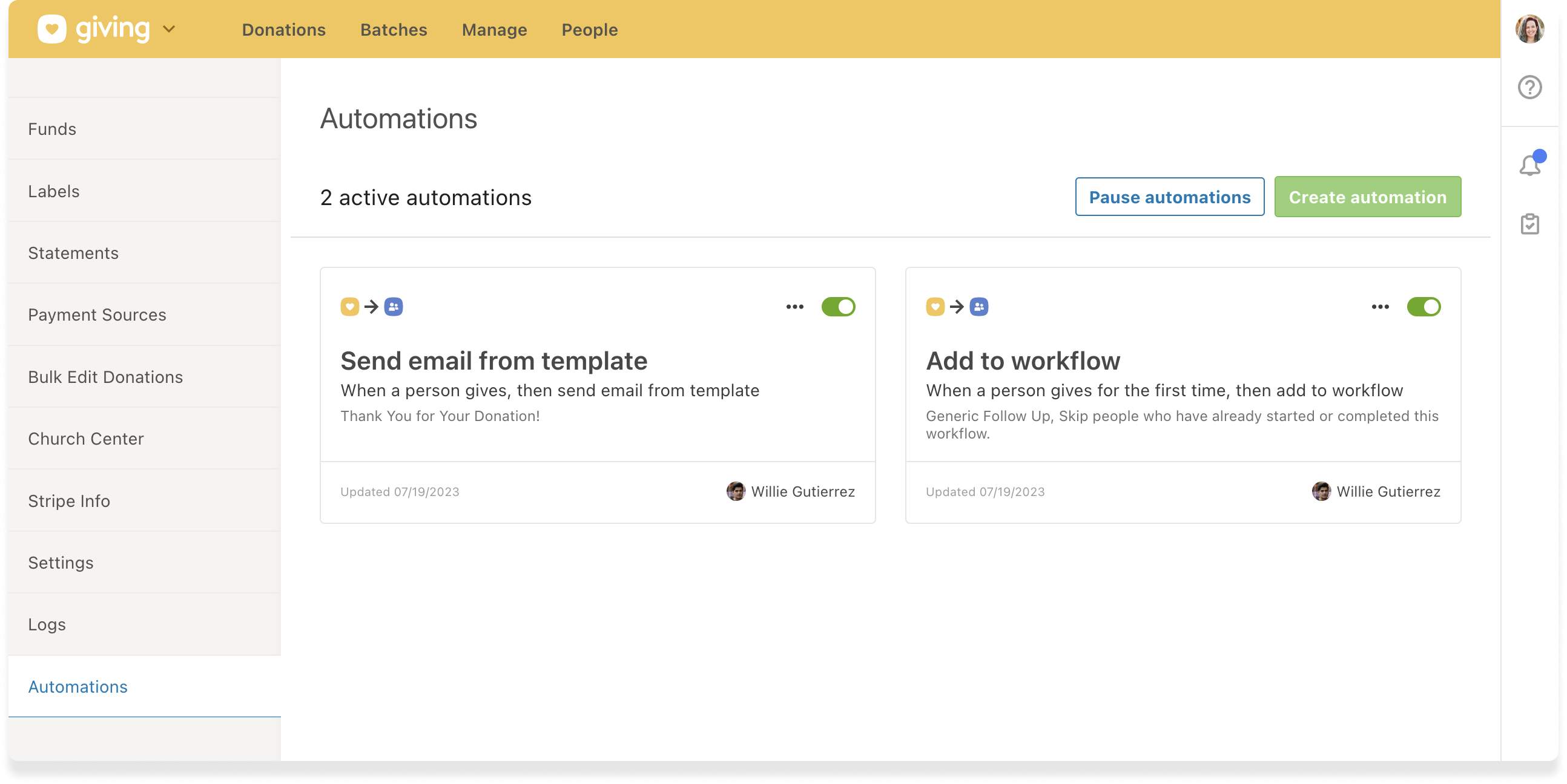 The automations tab in Planning Center giving with two running automations.