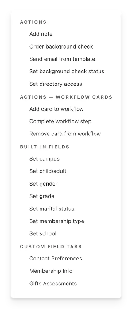 Each automation for the People product grouped into headings