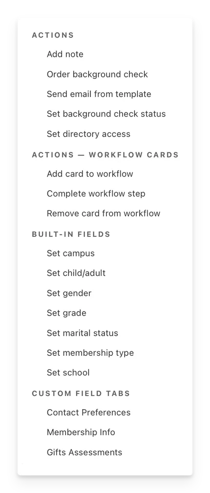 Each automation for the People product grouped into headings