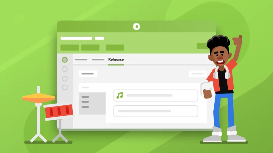 A young man with a flattop standing next to a red snare drum and an illustration of the Rehearse tab in Services.