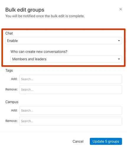 Settings panel for bulk editing groups, enabling chat for members and leaders, with options to add or remove tags and campus.