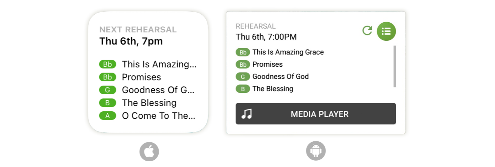 null A rehearsal notification with a list of songs and the key they're in.